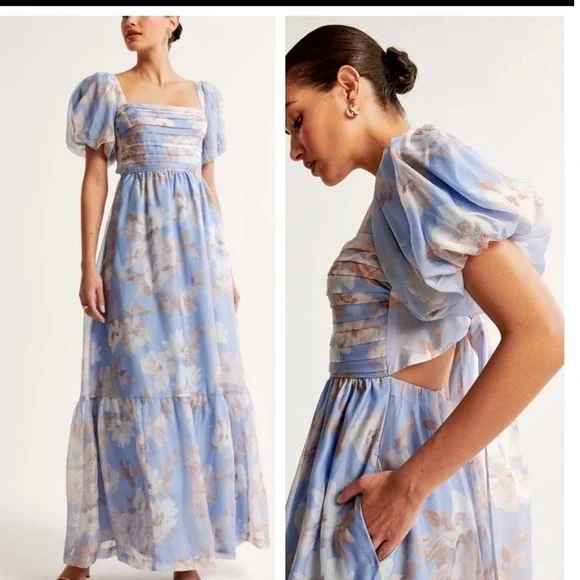 Abercrombie & Fitch Emerson Organza Puff Sleeve Maxi Dress Tie Back MP - Picture 9 of 11